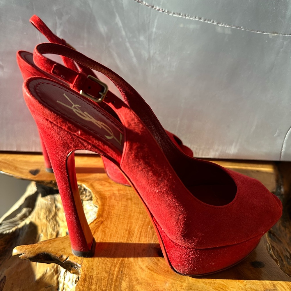 Vintage YSL red suede peep toe heels